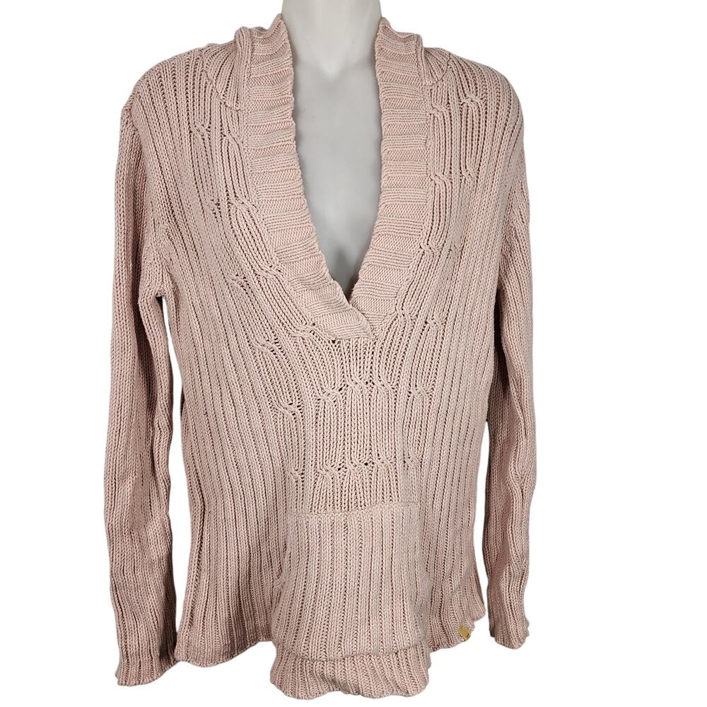 Stamp 10 Womens Pullover Sweater Cable Knit Hooded V Neck Pink Medium Y2K Retro